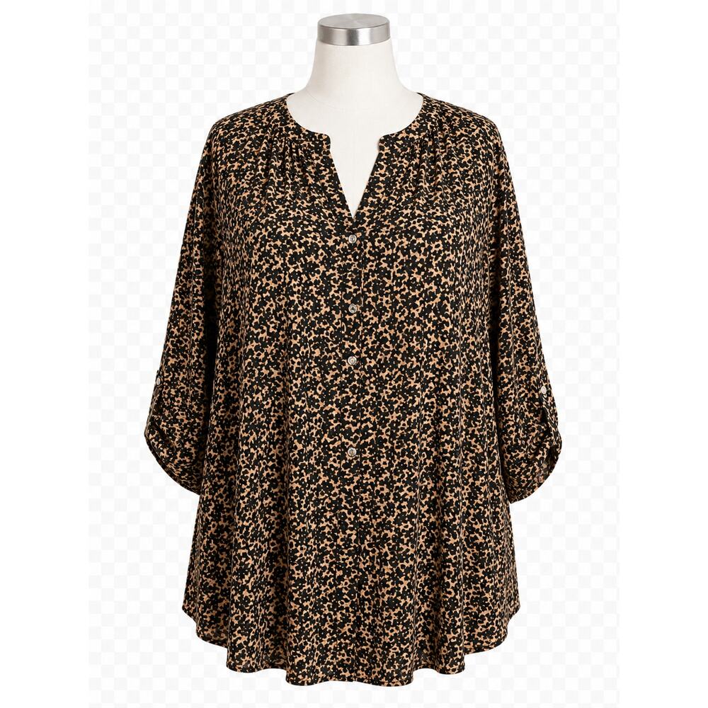 Avenue Abstract Print Long Sleeve Top - Tan/Black - Size 26/28